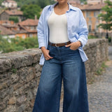 Jeans palazzo donna con cintura pantalone denim vita alta ampio