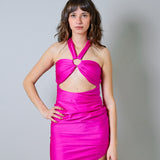 Mini abito fucsia House of Amen con cut-out e anello frontale