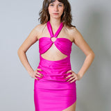 Mini abito fucsia House of Amen con cut-out e anello frontale